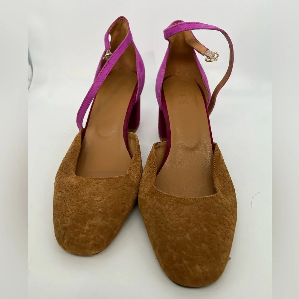 Balzac Paris “Miraculeuse” Suede Leather Wrap Heels – Magenta & Tan Block Pumps - Picture 6 of 8